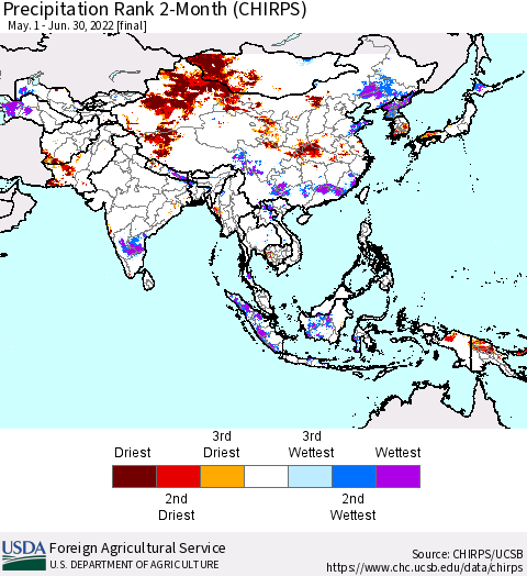 Asia Precipitation Rank since 1981, 2-Month (CHIRPS) Thematic Map For 5/1/2022 - 6/30/2022