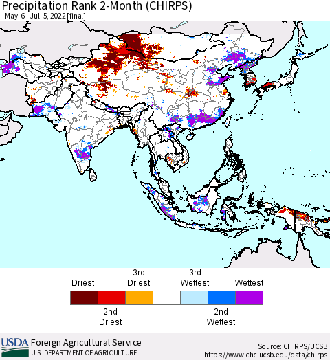 Asia Precipitation Rank since 1981, 2-Month (CHIRPS) Thematic Map For 5/6/2022 - 7/5/2022