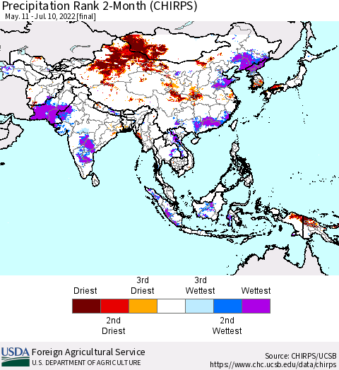 Asia Precipitation Rank since 1981, 2-Month (CHIRPS) Thematic Map For 5/11/2022 - 7/10/2022