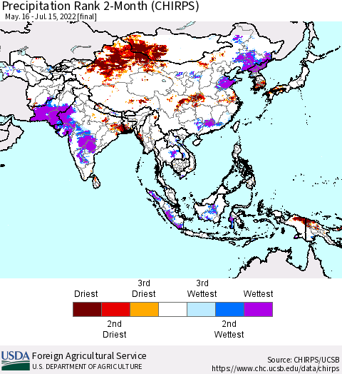 Asia Precipitation Rank since 1981, 2-Month (CHIRPS) Thematic Map For 5/16/2022 - 7/15/2022