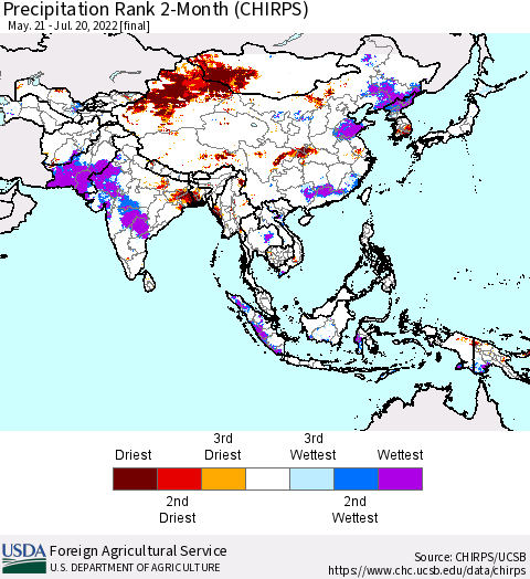 Asia Precipitation Rank since 1981, 2-Month (CHIRPS) Thematic Map For 5/21/2022 - 7/20/2022