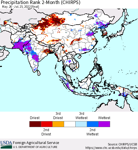 Asia Precipitation Rank since 1981, 2-Month (CHIRPS) Thematic Map For 5/26/2022 - 7/25/2022