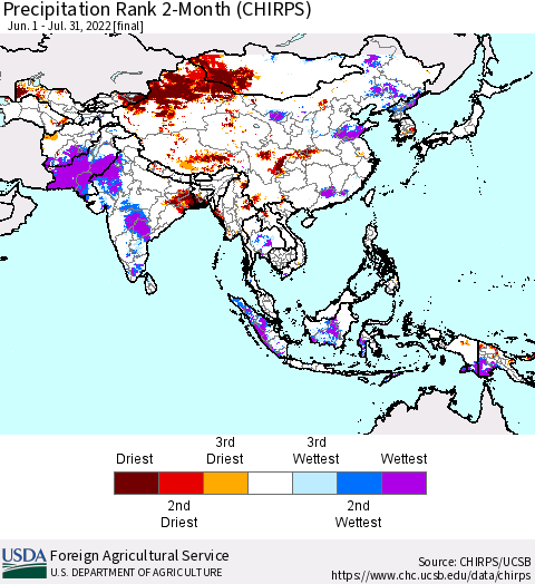Asia Precipitation Rank since 1981, 2-Month (CHIRPS) Thematic Map For 6/1/2022 - 7/31/2022