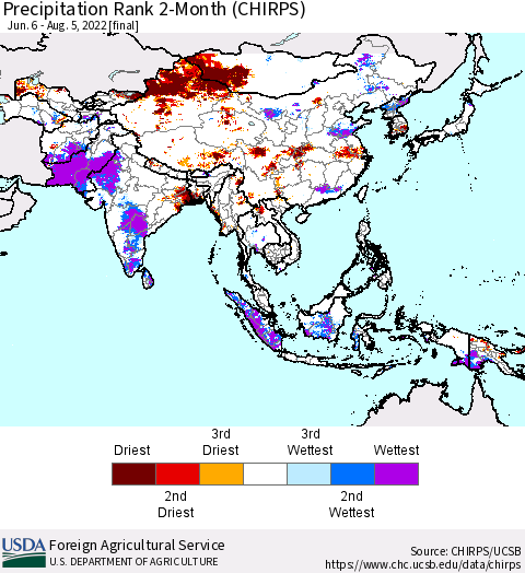 Asia Precipitation Rank since 1981, 2-Month (CHIRPS) Thematic Map For 6/6/2022 - 8/5/2022