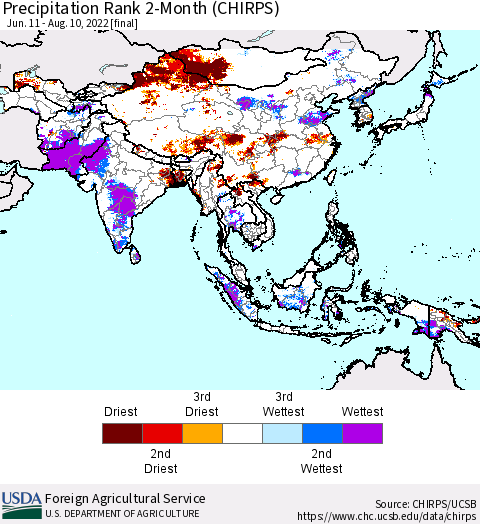 Asia Precipitation Rank since 1981, 2-Month (CHIRPS) Thematic Map For 6/11/2022 - 8/10/2022