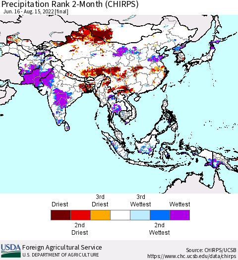 Asia Precipitation Rank since 1981, 2-Month (CHIRPS) Thematic Map For 6/16/2022 - 8/15/2022