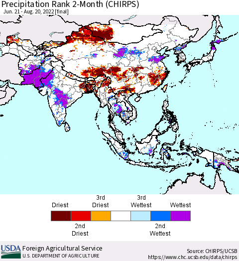 Asia Precipitation Rank since 1981, 2-Month (CHIRPS) Thematic Map For 6/21/2022 - 8/20/2022
