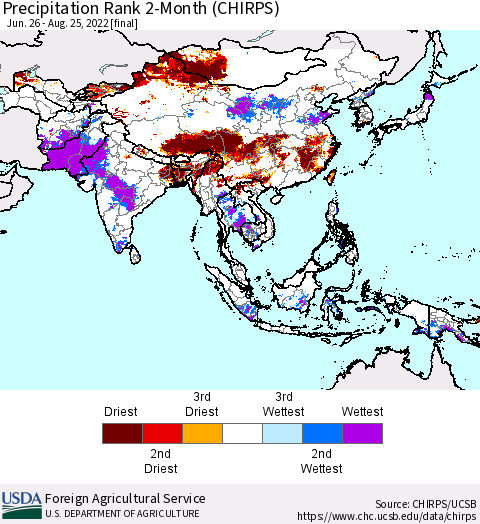 Asia Precipitation Rank since 1981, 2-Month (CHIRPS) Thematic Map For 6/26/2022 - 8/25/2022