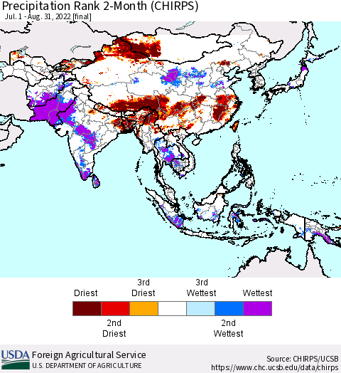 Asia Precipitation Rank since 1981, 2-Month (CHIRPS) Thematic Map For 7/1/2022 - 8/31/2022