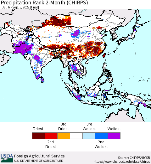 Asia Precipitation Rank since 1981, 2-Month (CHIRPS) Thematic Map For 7/6/2022 - 9/5/2022