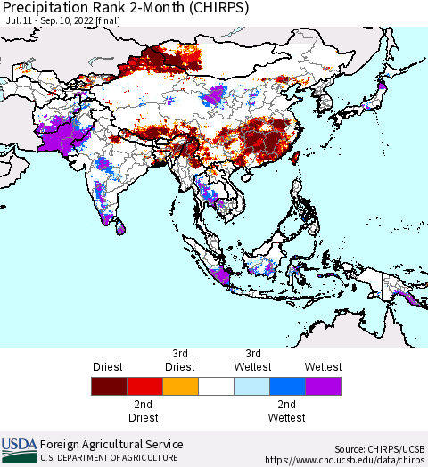 Asia Precipitation Rank since 1981, 2-Month (CHIRPS) Thematic Map For 7/11/2022 - 9/10/2022