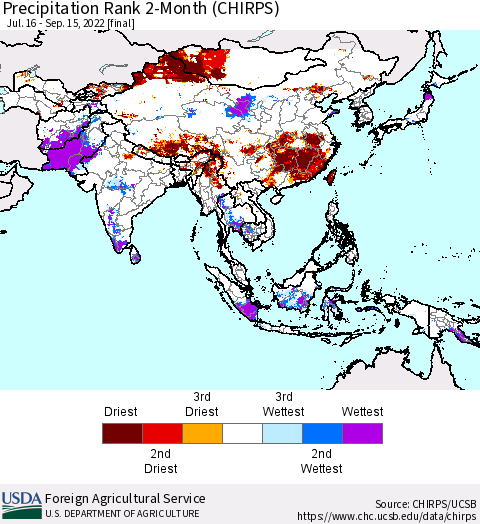 Asia Precipitation Rank since 1981, 2-Month (CHIRPS) Thematic Map For 7/16/2022 - 9/15/2022