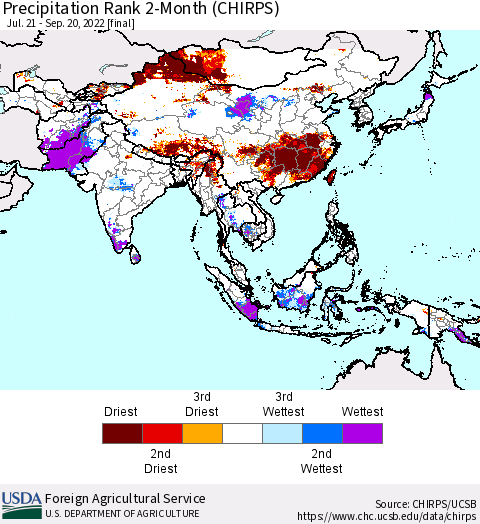 Asia Precipitation Rank since 1981, 2-Month (CHIRPS) Thematic Map For 7/21/2022 - 9/20/2022
