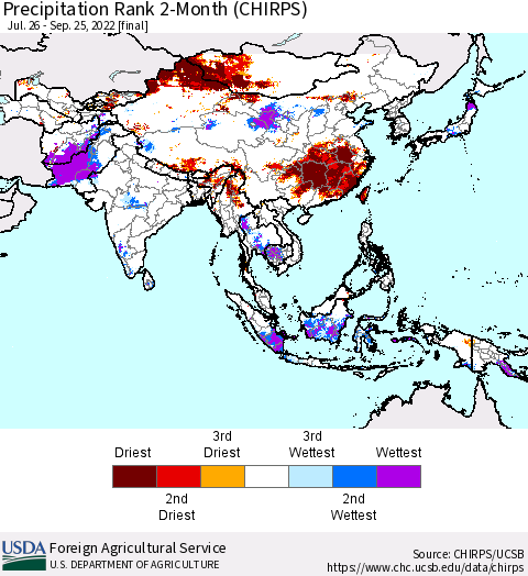 Asia Precipitation Rank since 1981, 2-Month (CHIRPS) Thematic Map For 7/26/2022 - 9/25/2022
