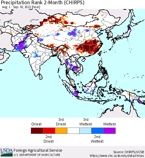 Asia Precipitation Rank since 1981, 2-Month (CHIRPS) Thematic Map For 8/1/2022 - 9/30/2022
