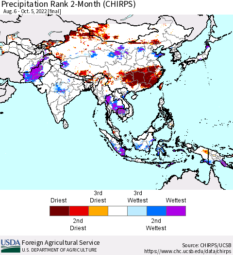 Asia Precipitation Rank since 1981, 2-Month (CHIRPS) Thematic Map For 8/6/2022 - 10/5/2022