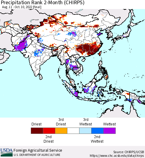 Asia Precipitation Rank since 1981, 2-Month (CHIRPS) Thematic Map For 8/11/2022 - 10/10/2022