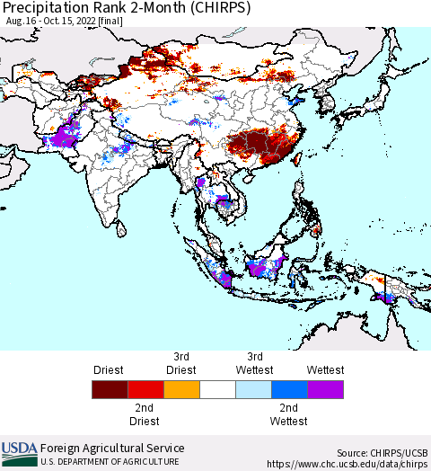 Asia Precipitation Rank since 1981, 2-Month (CHIRPS) Thematic Map For 8/16/2022 - 10/15/2022
