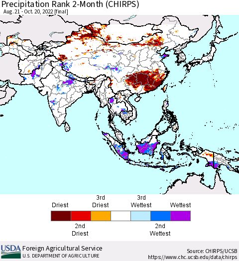 Asia Precipitation Rank since 1981, 2-Month (CHIRPS) Thematic Map For 8/21/2022 - 10/20/2022