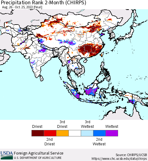 Asia Precipitation Rank since 1981, 2-Month (CHIRPS) Thematic Map For 8/26/2022 - 10/25/2022