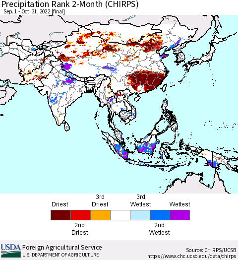Asia Precipitation Rank since 1981, 2-Month (CHIRPS) Thematic Map For 9/1/2022 - 10/31/2022