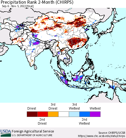 Asia Precipitation Rank since 1981, 2-Month (CHIRPS) Thematic Map For 9/6/2022 - 11/5/2022