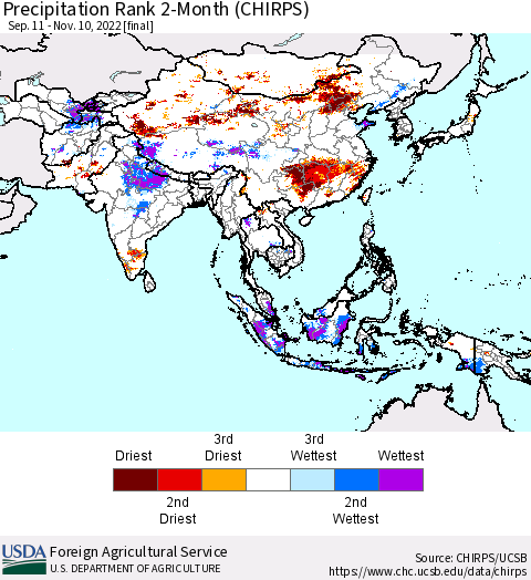 Asia Precipitation Rank since 1981, 2-Month (CHIRPS) Thematic Map For 9/11/2022 - 11/10/2022