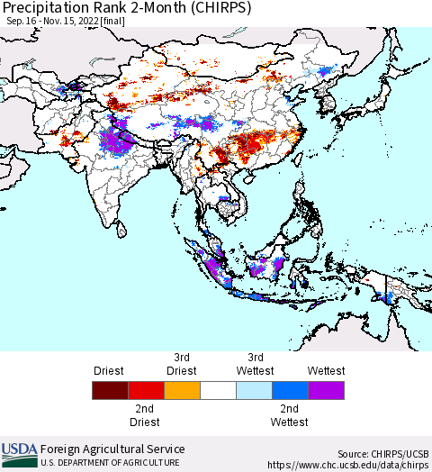 Asia Precipitation Rank since 1981, 2-Month (CHIRPS) Thematic Map For 9/16/2022 - 11/15/2022