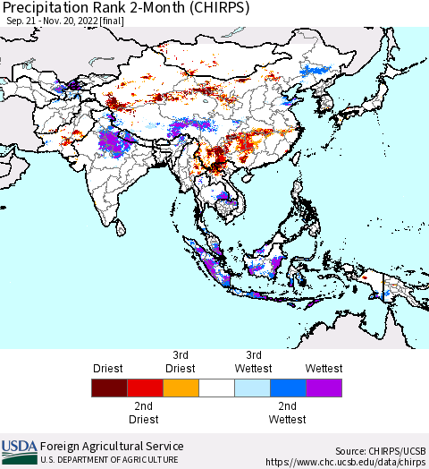 Asia Precipitation Rank since 1981, 2-Month (CHIRPS) Thematic Map For 9/21/2022 - 11/20/2022