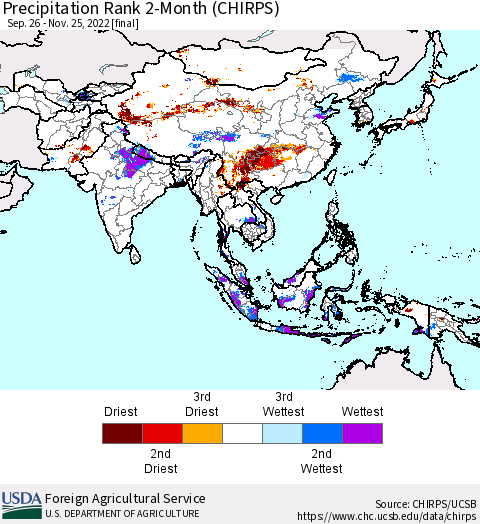 Asia Precipitation Rank since 1981, 2-Month (CHIRPS) Thematic Map For 9/26/2022 - 11/25/2022