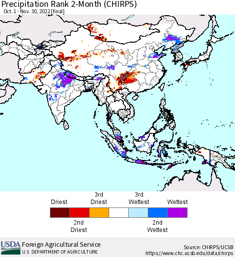 Asia Precipitation Rank since 1981, 2-Month (CHIRPS) Thematic Map For 10/1/2022 - 11/30/2022