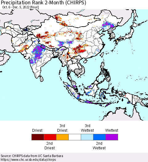 Asia Precipitation Rank since 1981, 2-Month (CHIRPS) Thematic Map For 10/6/2022 - 12/5/2022