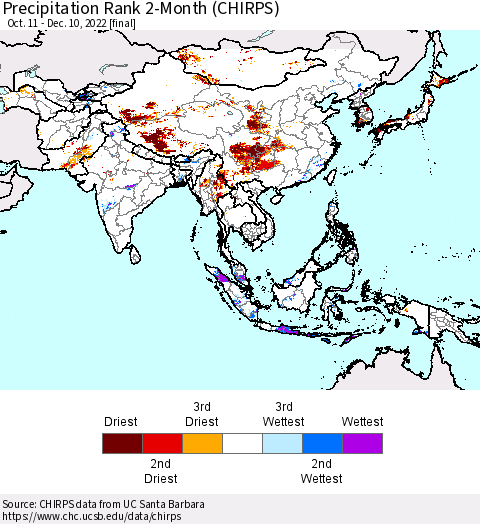 Asia Precipitation Rank since 1981, 2-Month (CHIRPS) Thematic Map For 10/11/2022 - 12/10/2022