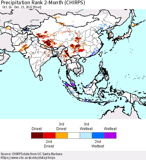 Asia Precipitation Rank since 1981, 2-Month (CHIRPS) Thematic Map For 10/16/2022 - 12/15/2022