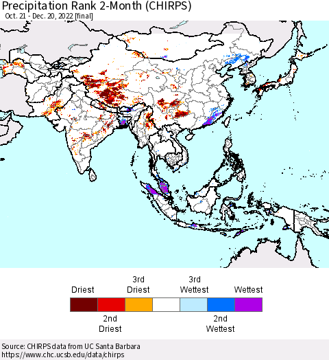 Asia Precipitation Rank since 1981, 2-Month (CHIRPS) Thematic Map For 10/21/2022 - 12/20/2022