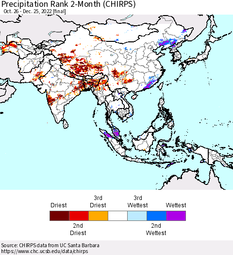 Asia Precipitation Rank since 1981, 2-Month (CHIRPS) Thematic Map For 10/26/2022 - 12/25/2022
