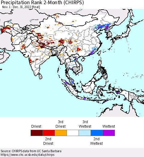 Asia Precipitation Rank since 1981, 2-Month (CHIRPS) Thematic Map For 11/1/2022 - 12/31/2022