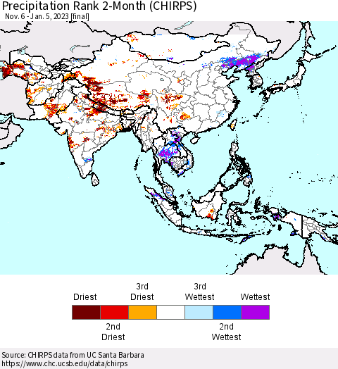 Asia Precipitation Rank since 1981, 2-Month (CHIRPS) Thematic Map For 11/6/2022 - 1/5/2023