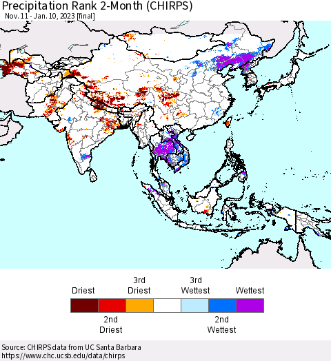 Asia Precipitation Rank since 1981, 2-Month (CHIRPS) Thematic Map For 11/11/2022 - 1/10/2023
