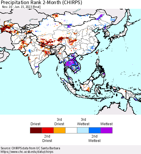 Asia Precipitation Rank since 1981, 2-Month (CHIRPS) Thematic Map For 11/16/2022 - 1/15/2023