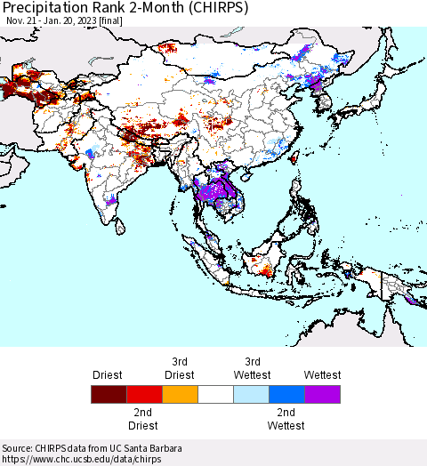 Asia Precipitation Rank since 1981, 2-Month (CHIRPS) Thematic Map For 11/21/2022 - 1/20/2023