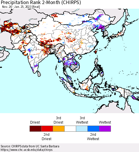 Asia Precipitation Rank since 1981, 2-Month (CHIRPS) Thematic Map For 11/26/2022 - 1/25/2023