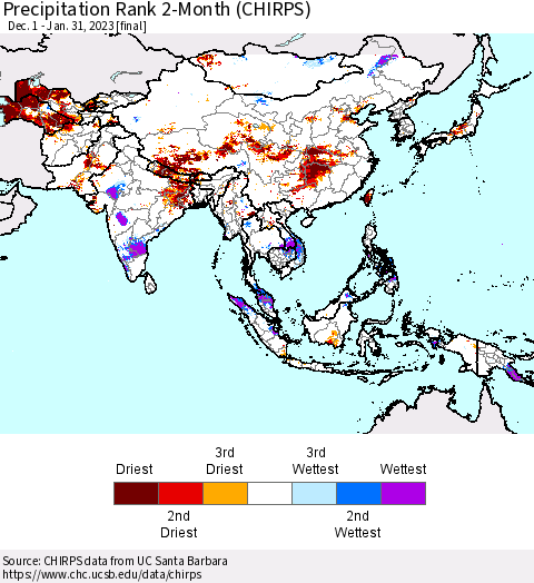 Asia Precipitation Rank since 1981, 2-Month (CHIRPS) Thematic Map For 12/1/2022 - 1/31/2023