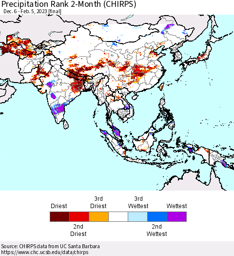 Asia Precipitation Rank since 1981, 2-Month (CHIRPS) Thematic Map For 12/6/2022 - 2/5/2023