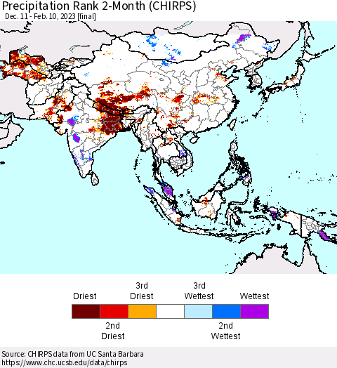 Asia Precipitation Rank since 1981, 2-Month (CHIRPS) Thematic Map For 12/11/2022 - 2/10/2023