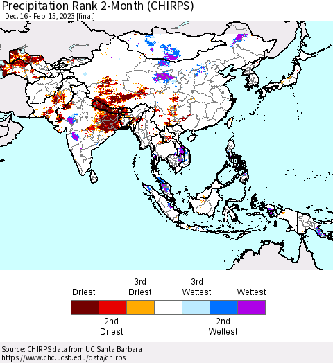 Asia Precipitation Rank since 1981, 2-Month (CHIRPS) Thematic Map For 12/16/2022 - 2/15/2023