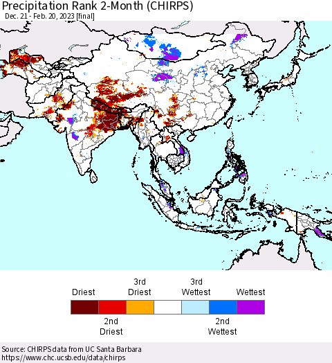 Asia Precipitation Rank since 1981, 2-Month (CHIRPS) Thematic Map For 12/21/2022 - 2/20/2023
