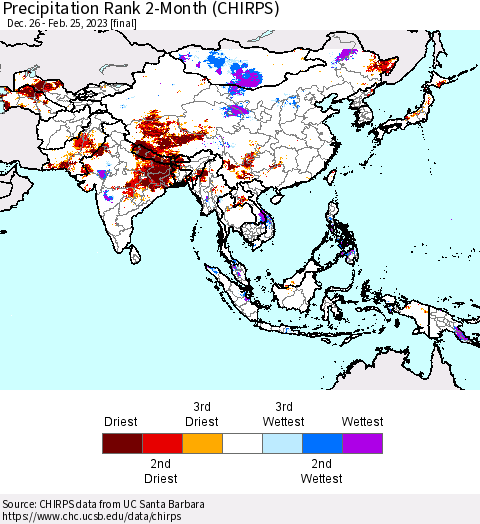 Asia Precipitation Rank since 1981, 2-Month (CHIRPS) Thematic Map For 12/26/2022 - 2/25/2023