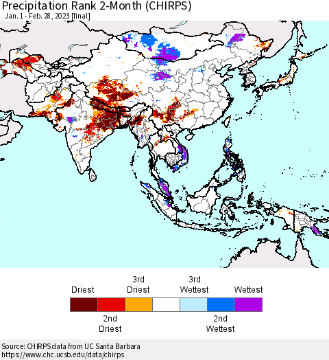 Asia Precipitation Rank since 1981, 2-Month (CHIRPS) Thematic Map For 1/1/2023 - 2/28/2023