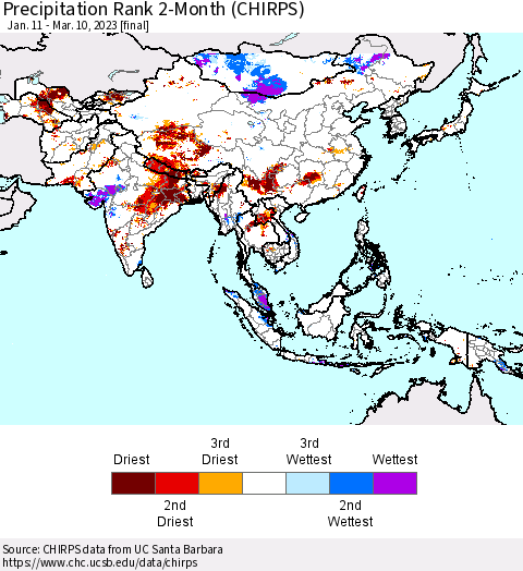 Asia Precipitation Rank since 1981, 2-Month (CHIRPS) Thematic Map For 1/11/2023 - 3/10/2023